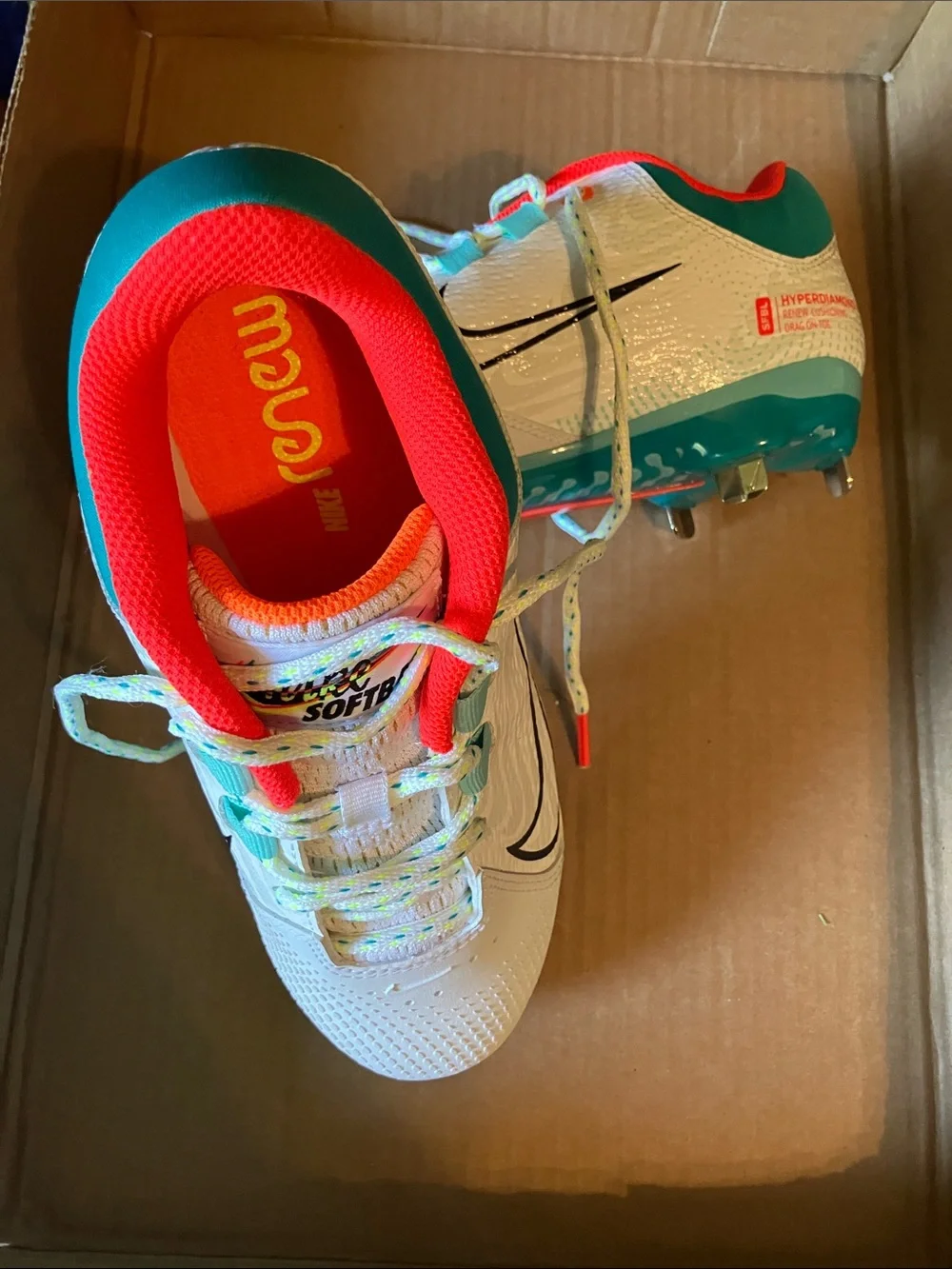 Nike White Teal Pink Women's Softball Cleats